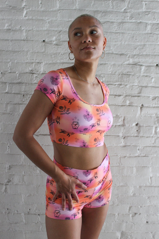 desert sunset crop top burning heart sacred heart hourglass festival rave yoga outfit