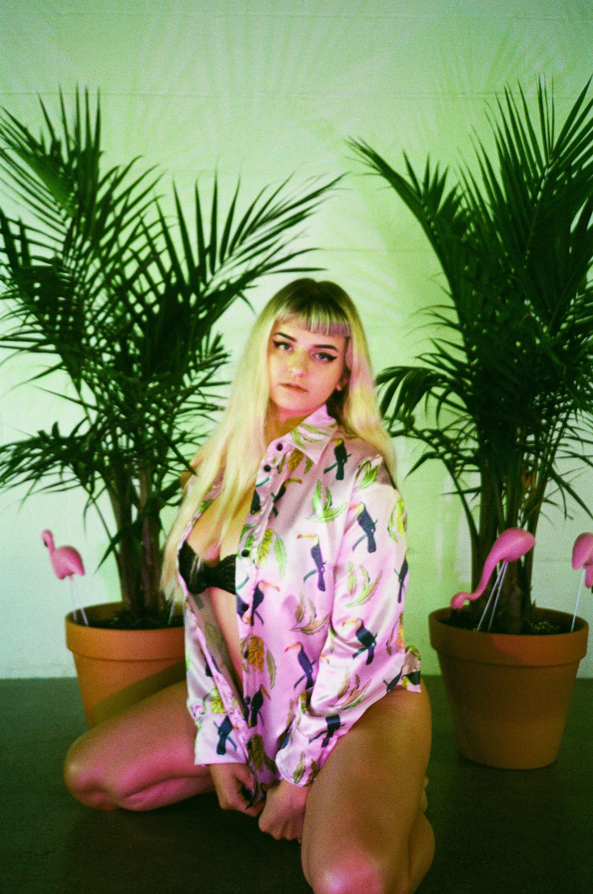 Tropical toucan banana baby pink satin button down blouse rPET recycled polyester eco-friendly party shirt vacation outfit