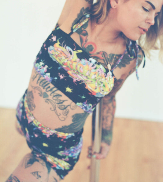 graffiti two piece set with tie top and bicycle shorts