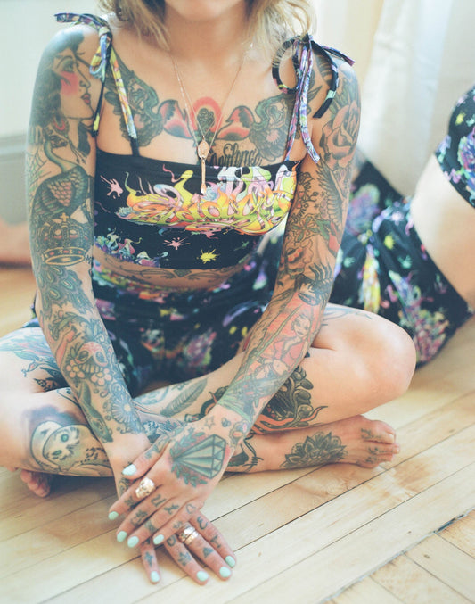 graffiti two piece set with tie top and bicycle shorts