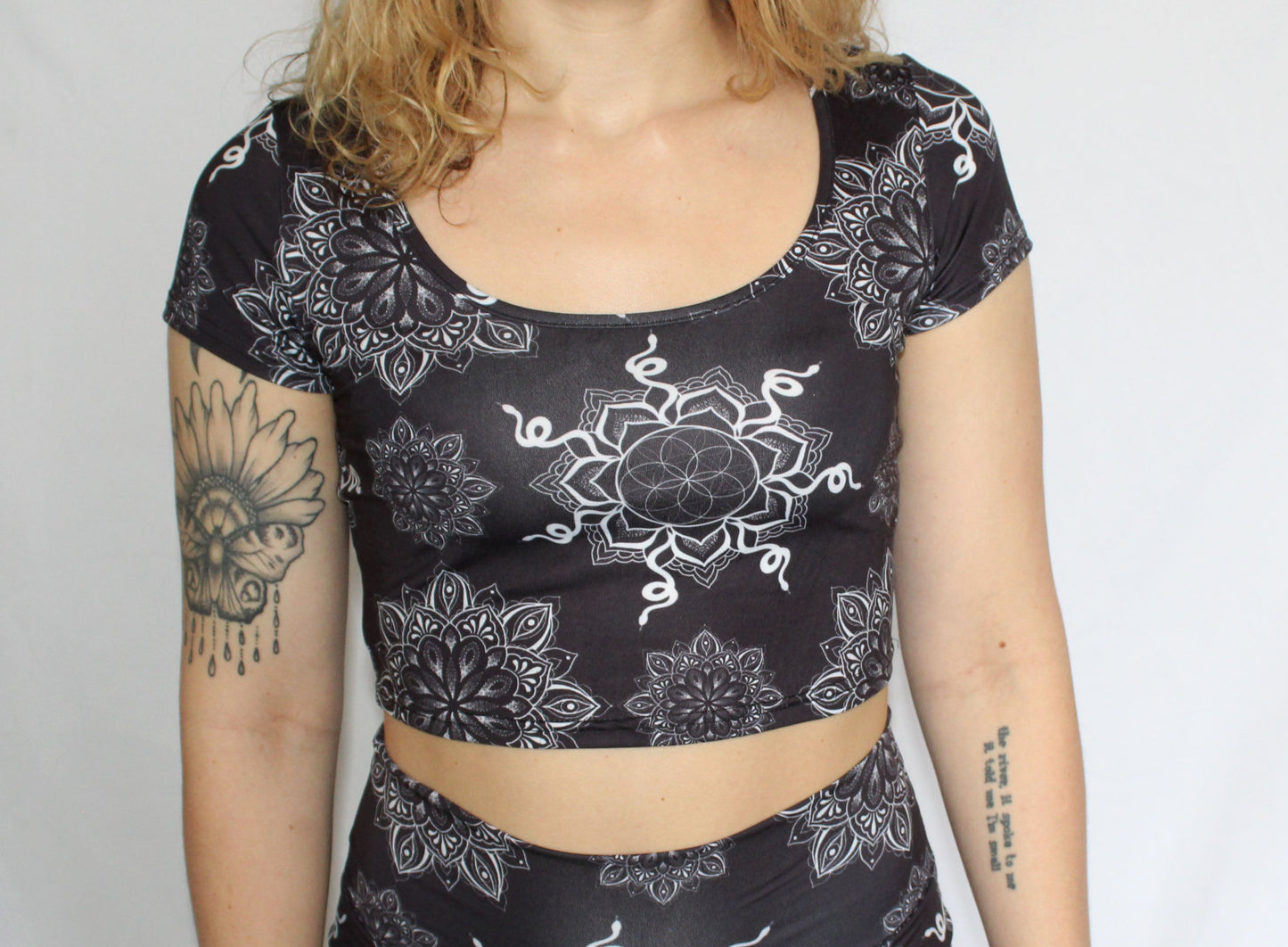 mandalas, two piece set, black and white, snakes, scoop neck crop top, yoga wear, festival outfit, rave outfit