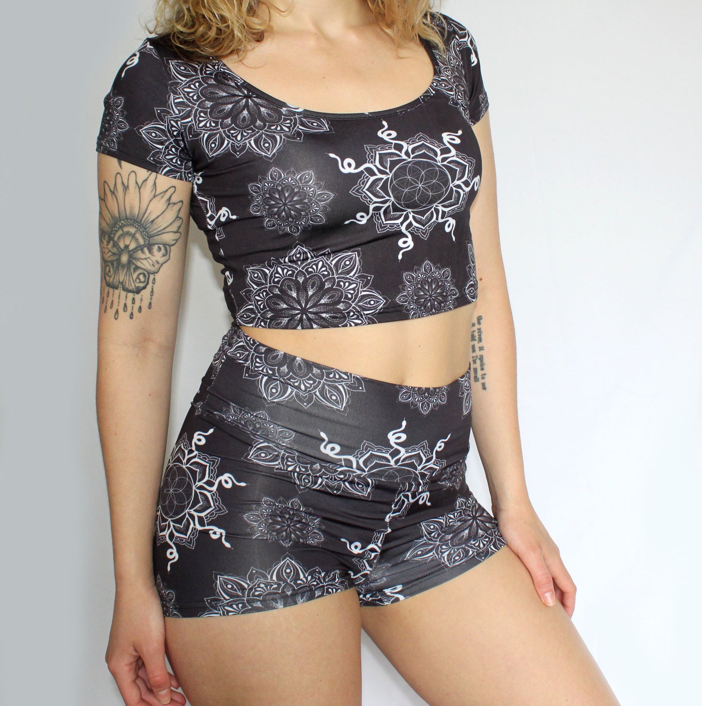 mandalas, two piece set, black and white, snakes, high waisted booty shorts, rave outfit, yoga outfit, festival outfit