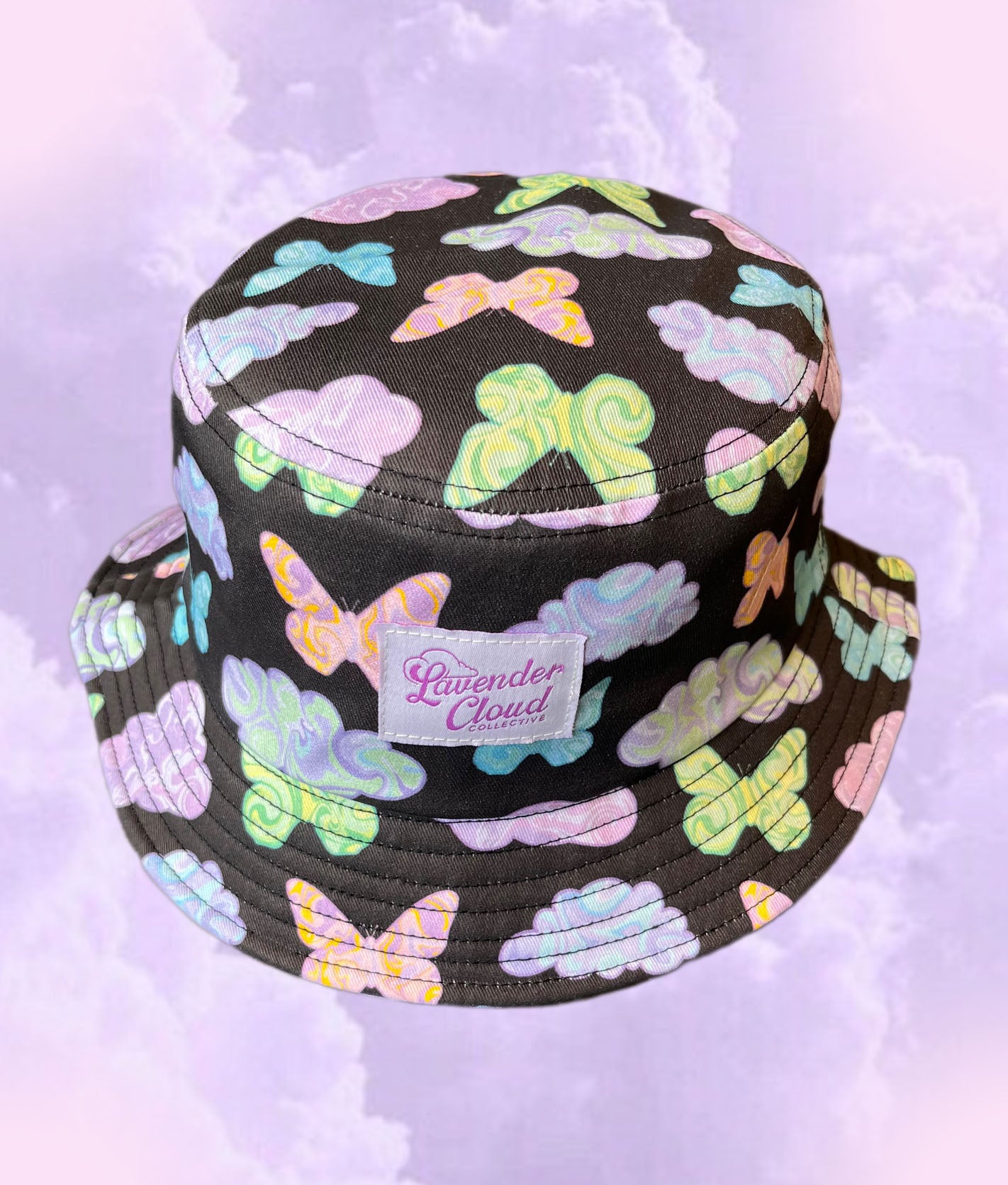 cloud, butterfly, bucket hat, pastel marbled, trippy, groovy, swirl print