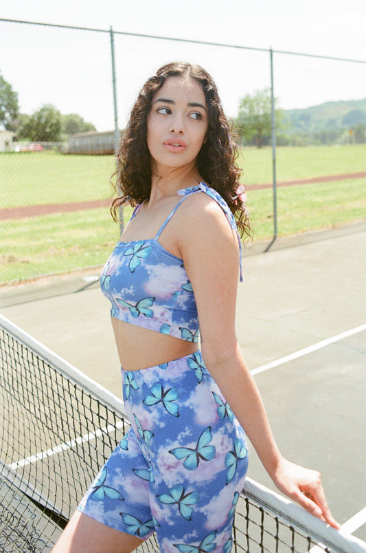 blue butterfly, clouds, lavender, y2k, dreamy, two piece set, cycle shorts, tie top, 90s, rave wear, festival outfit