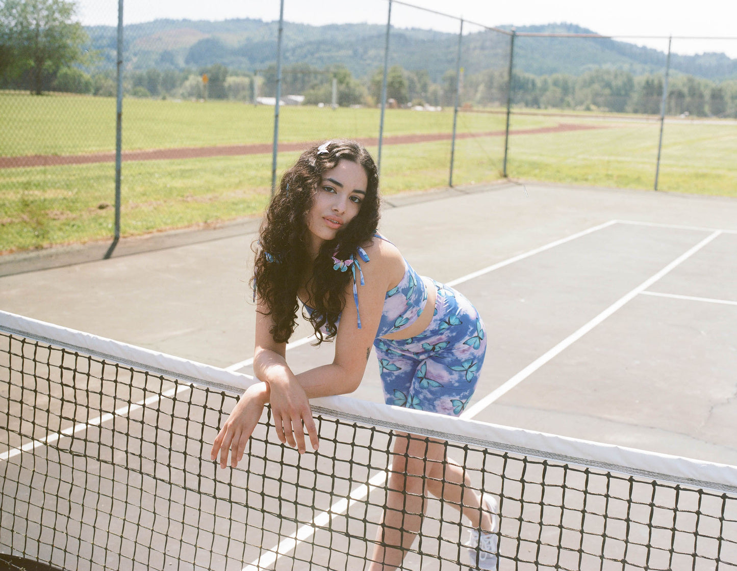 blue butterfly, clouds, lavender, y2k, dreamy, two piece set, cycle shorts, tie top, 90s, rave wear, festival outfit