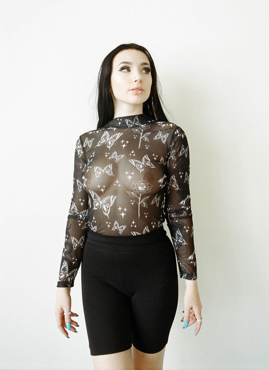 mesh top mock neck butterfly rose sparkle black and white