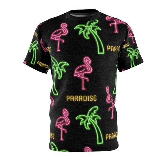 Paradise neon sign flamingo palm tree vacation mens graphic t-shirt unisex tee