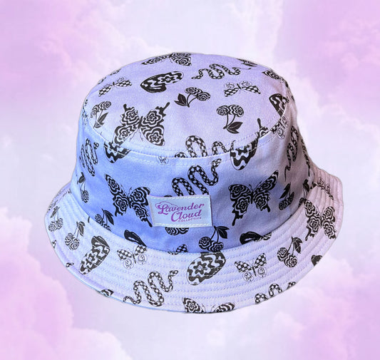  butterfly, snake, cherry, psychedelic bucket hat, trippy, tattoo flash, lavender