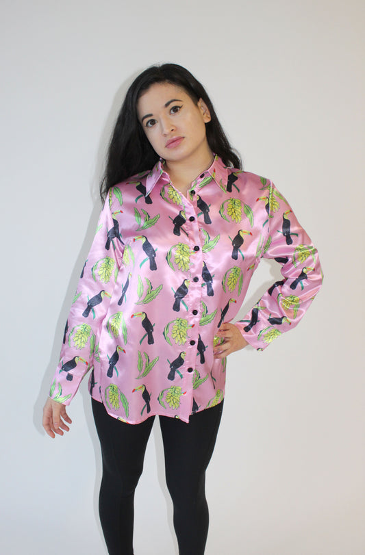 Tropical toucan banana baby pink satin button down blouse rPET recycled polyester eco-friendly party shirt vacation outfit