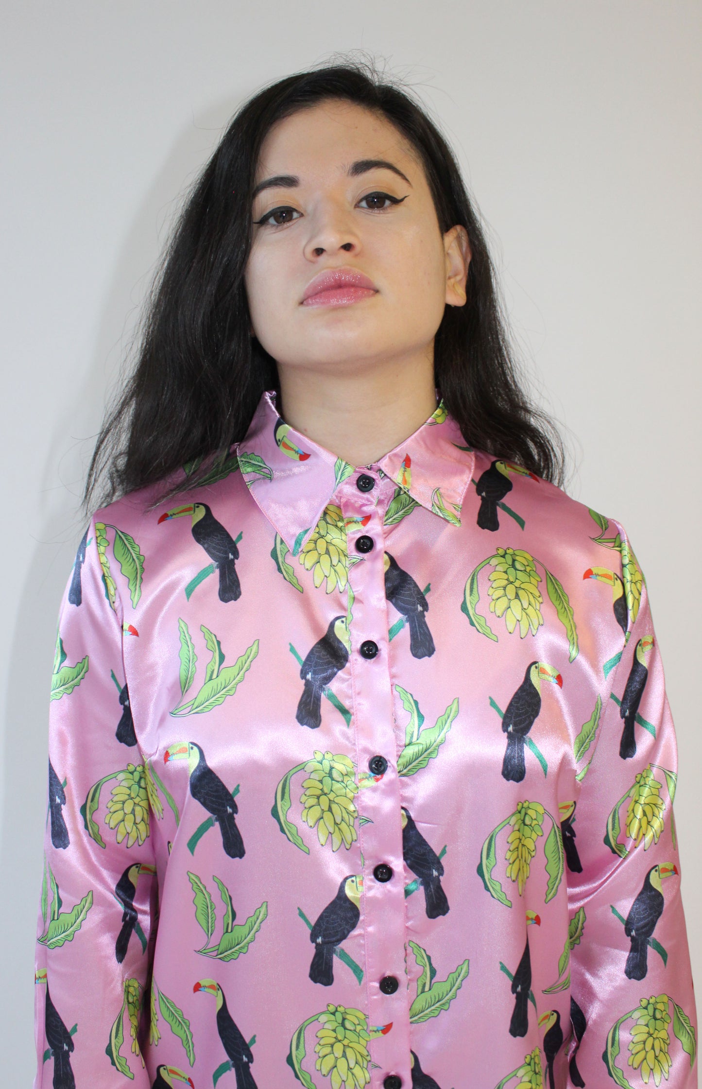 Tropical toucan banana baby pink satin button down blouse rPET recycled polyester eco-friendly party shirt vacation outfit