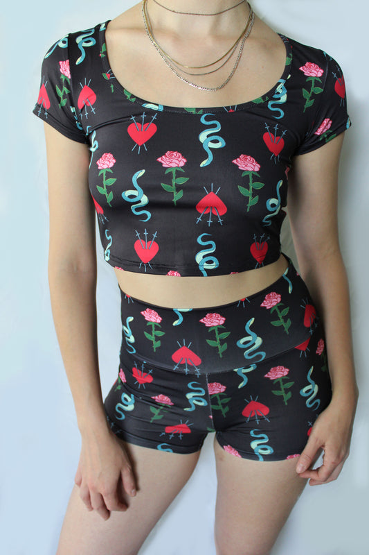 wo piece set, high waist shorts, crop top, roses, three of swords, snake design, tarot pattern, eco friendly, sustainable fabric, rpet fabric
