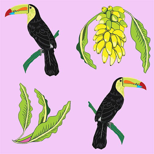 toucan banana textile design by Emily Silvis baby pink